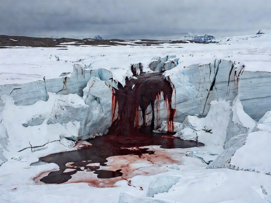 Glacier with red subglacial iron oxide discharge Blood Falls Antarctica