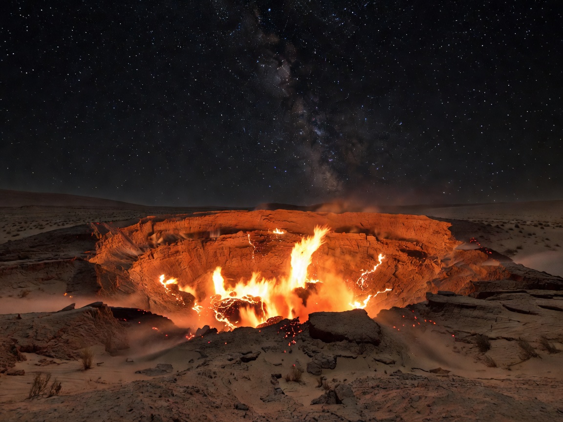 Darvaza crater flaming pit under night sky in Turkmenistan