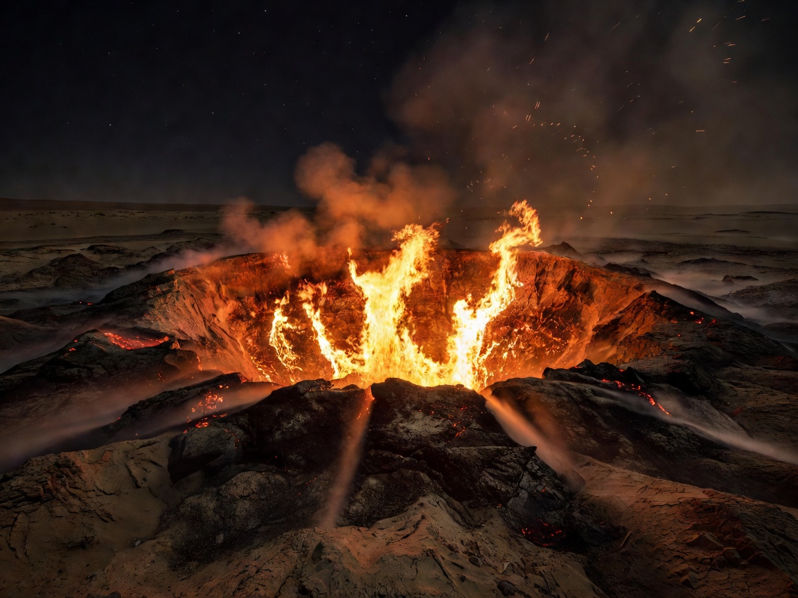 Darvaza Gas Crater Door to Hell burning at night in Turkmenistan
