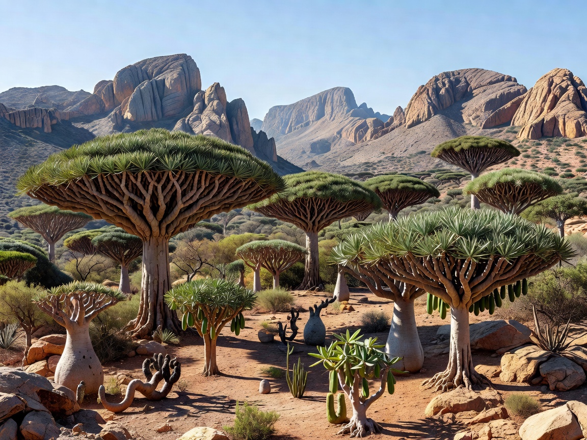 Alien looking Dragon Blood Trees on Socotra Island Yemen