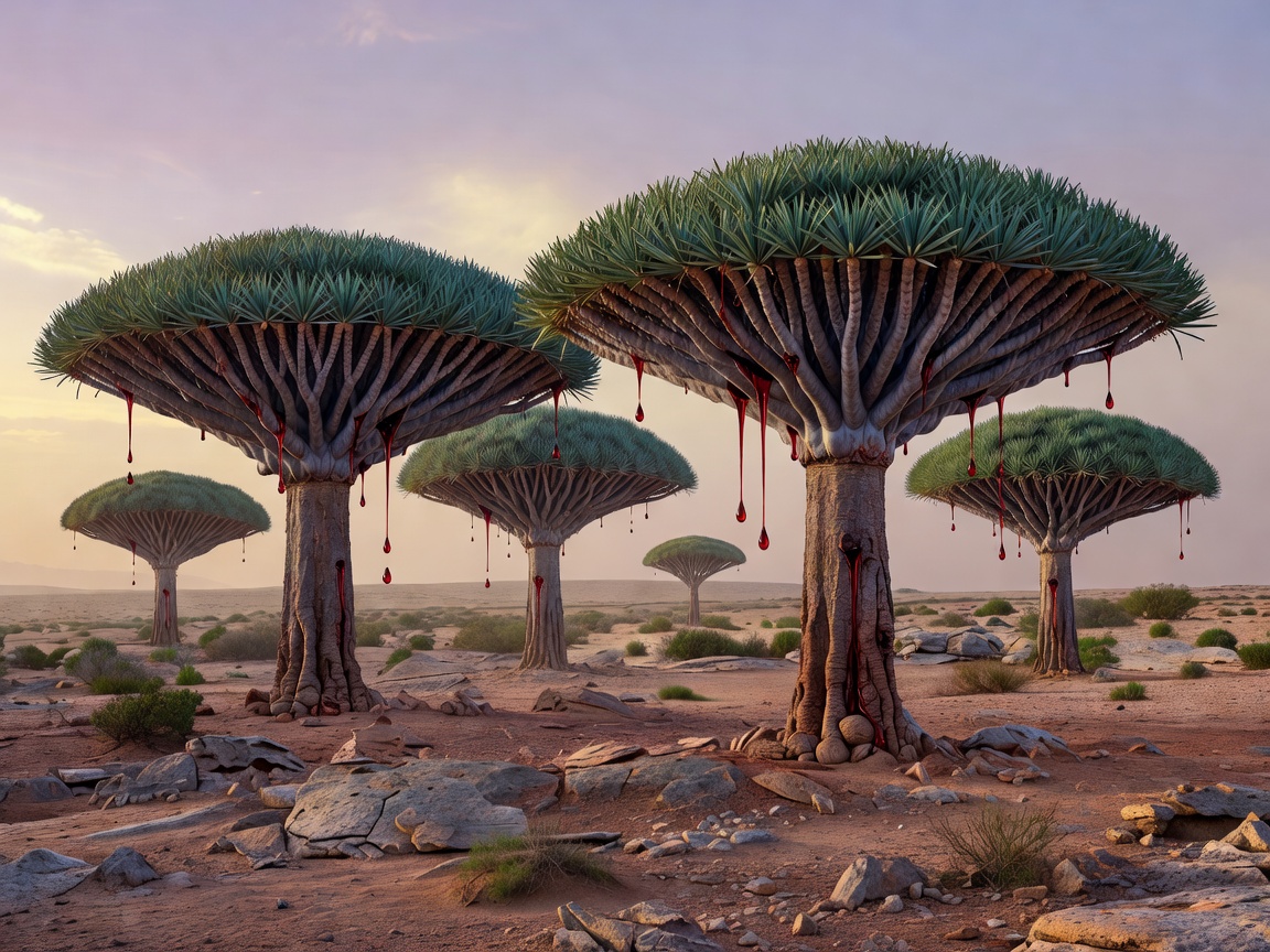 Surreal Dragon Blood Trees with umbrella foliage on Socotra Island